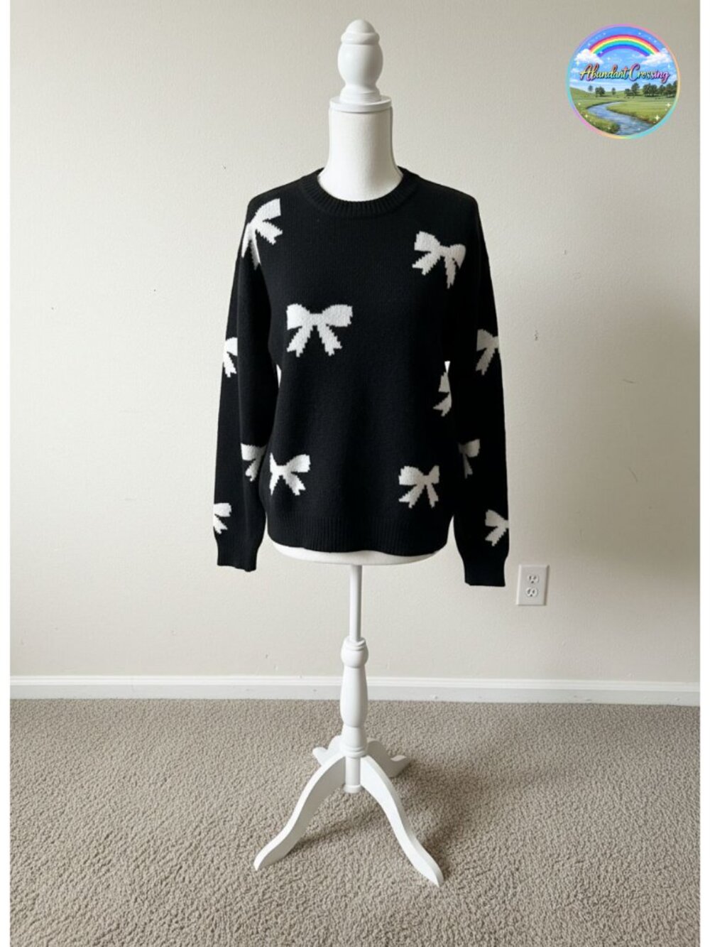Bow Sweater Women Long Sleeve Crewneck Cute Vintage Knit Pullover